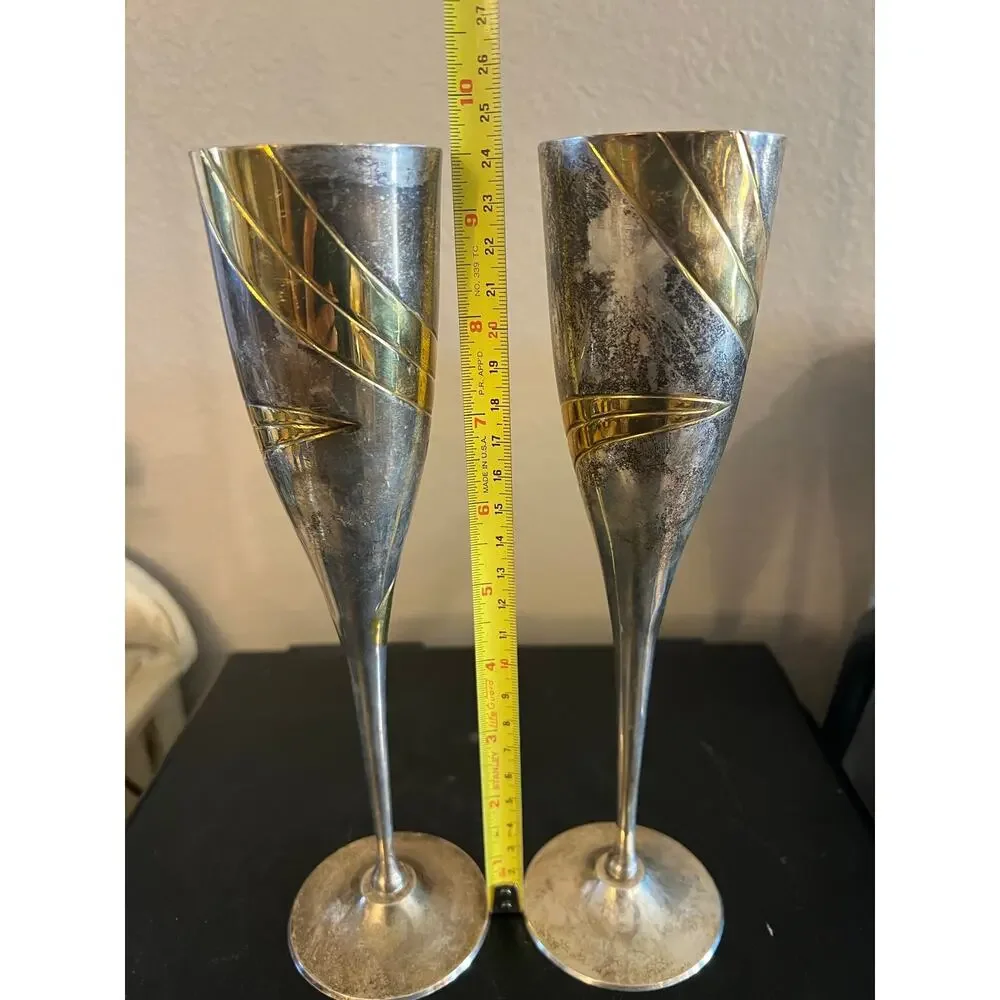 Etched Brass & Silver Plate Champagne Flutes Set Made in India